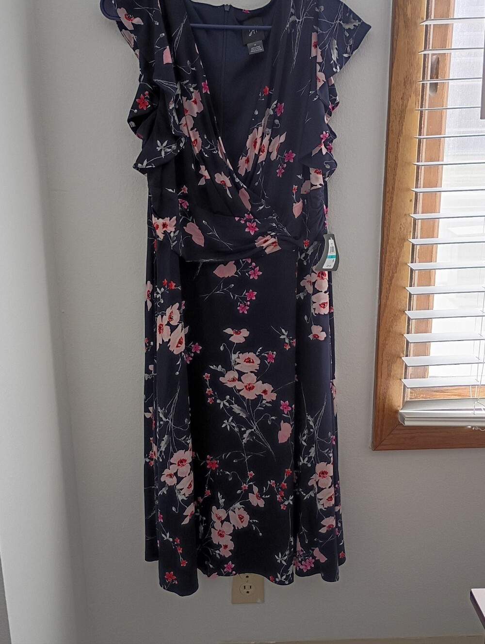 Navy Floral Wrap Midi Dress with Pink Accents